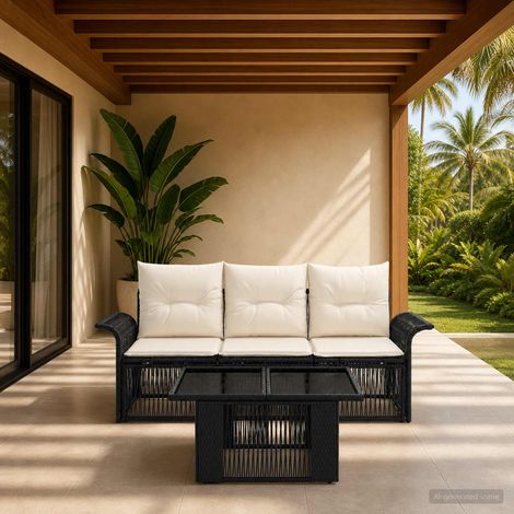 vidaXL Ensemble de canapé de jardin 4 pc Noir et blanc crème polyrotin (1/5)