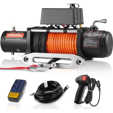 Treuil Électrique 12 V CC Capacité de Charge 6100 kg avec Corde Synthétique Φ 9,5 mm x 24 m, Télécommande Sans Fil et Filaire, pour Remorquage SUV Tout-terrain, Jeep, Camion, Remorque, Bateau (1/5)