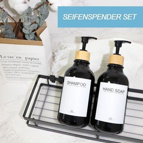 Lot de 2 distributeurs de savon 500 ml avec plateau et étiquettes étanches pour shampoing lotion distributeur de savon pour la Noir (1/5)