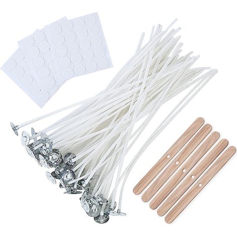Candle Wick - 100 Pièces Mèche Coton Pré-Enduite 10 cm - Pour Fabrication Bougies Soja Cire d'Abeille - Avec 5 Support de Mèche et 60 Points de Colle - Kit Débutant (1/5)