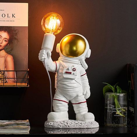Lampe de chevet astronaute pour enfant, veilleuse astronaute, lampe de bureau LED moderne avec prise, pour garçon et fille, douille E27, blanc et or, H 39 cm