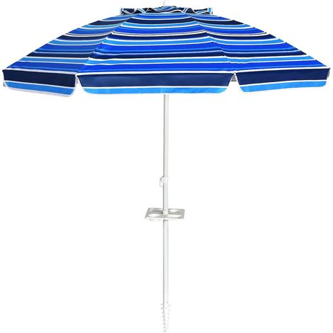 COSTWAY Sombrilla de Playa Parasol para Jardín Mercado Patio Sombrilla Inclinable Sin Base (Rayas Azul Oscuro) (1/5)
