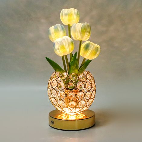Lampe - de table bleu, chargement USB, lampe de bureau LED analogique, veilleuse tulipe avec vase, décorations de lampe de table, à fleurs de tulipes (1/5)
