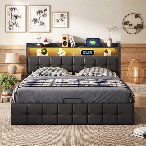 Superaly  Lit Coffre Double 140x190 cm, Lit Rrembourré pour Adulte, rangement Barométrique, éclairage LED télécommandé, Port USB et Type-C, Remplissage éponge Haute densité, matériau Pu Mat, Noir (1/5)
