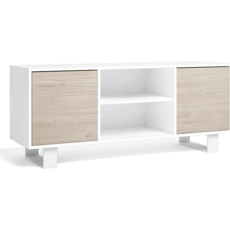 Skraut Home - Mueble TV 140 con 2 puertas, salón comedor, Modelo WIND, color estructura Blanco, color puertas Roble, medidas 137x40x57cm de altura.