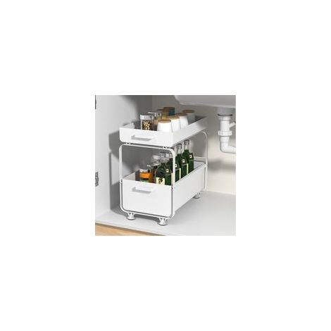 Étagère à épices coulissante 2 niveaux – Acier au carbone – Dimensions 40 x 25,5 x 39,5 cm – Pour rangement sous évier cuisine et salle de bain Blanc (1/5)