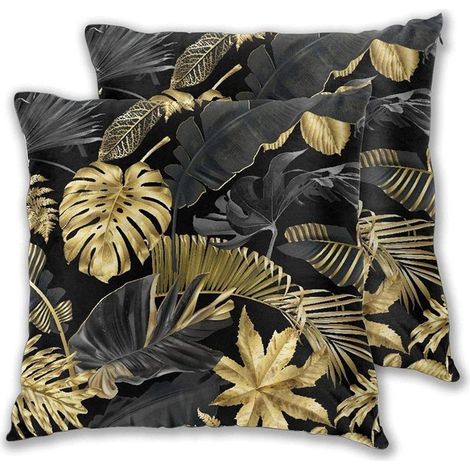 Dekorative Kissenbezüge 45 x 45 cm – Goldene und schwarze Tropenblätter auf dunklem Hintergrund – Verdeckter Reißverschluss – 2er-Set (1/5)