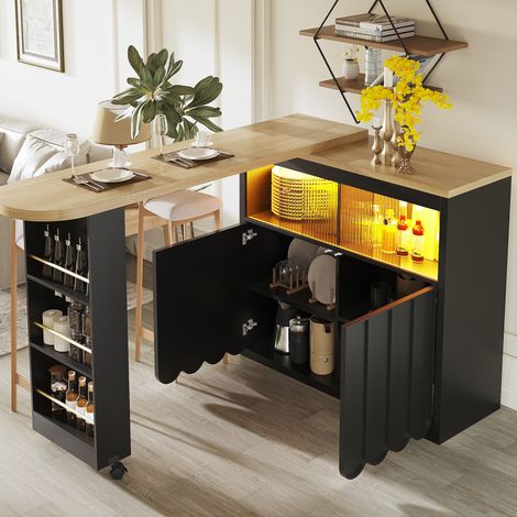 Mesa bar con almacenaje (135x39x100 cm), móvil, con LED, puerto USB, MDF y cristal negro (1/5)