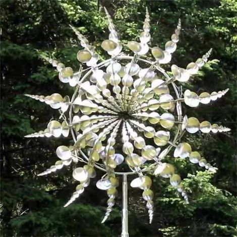 Moulin à vent en métal 3D unique et magique - Sculpture cinétique en métal - Décoration de cour et jardin - Argenté (1/5)