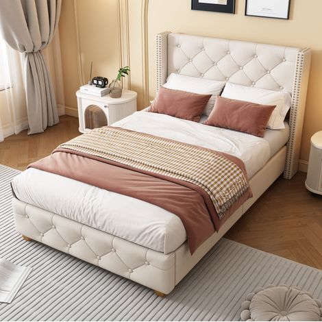 Lit 90x190 cm tapissé en lin beige avec tête de lit HAVRYA (1/5)