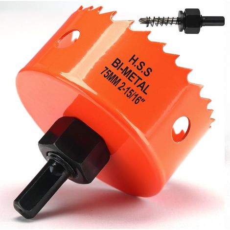 Scie cloche - 75 mm - Orange - Acier rapide HSS M42 bi-métal - Scie cloche avec tige hexagonale et foret avec profondeur de coupe de 35 mm - Pour bois, construction sèche et tôle métallique (1/5)