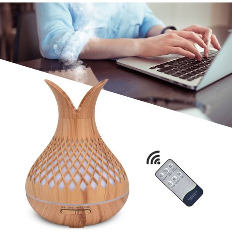Humidificateur d'ambiance 500 ml, aspect bois, avec télécommande et veilleuse intégrée. Vase en bois. Batterie intégrée. Compatible avec les tensions 100-240 V (norme américaine). (1/5)