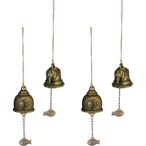 Windspiele, 4er-Set, Feng-Shui-Stil, buddhistische Motive, beruhigender Klang, Garten, Metall, Gold