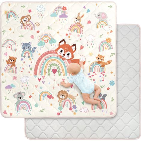Tapis de Jeux Bebe Pliable 127×127cm, Épaissi 2cm Tapis d'eveil, Lavable en Machine, Antidérapant Tapis Chambre Enfant Applicable à Intérieur/Extérieur/Clôture(Animaux Arc-en-Ciel) (1/5)