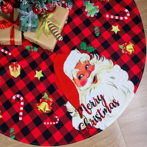 Falda para árbol de Navidad de 120 cm con Papá Noel rojo, calcetines navideños con forma de bastón de caramelo y adornos para el árbol a cuadros. (1/5)