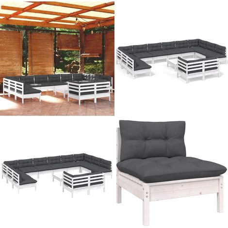 13-tlg. Garten-Lounge-Set mit Kissen Weiß Kiefernholz - Garten Lounge Set - Kiefernholz Möbel - Outdoor Möbel - Gartengeräte - Loungemöbel - Home & Living (1/5)