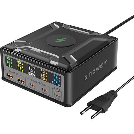 Chargeur mural Blitzwolf BW-S28 260 W, 2 ports USB-A, 3 ports USB-C, chargeur sans fil 15 W (noir) (1/2)