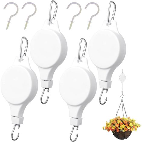 Paquet de 4 crochets de suspension pour plantes (blancs) avec poulies rétractables pour pots de plantes, pour suspendre des paniers de plantes, des pots de fleurs, des cages à oiseaux avec crochets de
