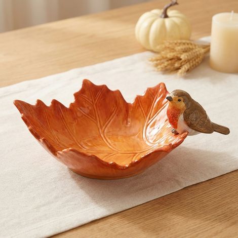 Rustic Robin On A Leaf Autumn Serving Bowl (1/2)