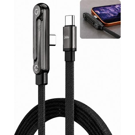 1,5 m langes 240-W-USB-C-Schnellladekabel mit unsichtbarem Ständer, integriertem Faltmechanismus, 90°-Winkelstecker, 360° drehbarer Tischhalterung, Datenübertragungsrate von 480 Mbit/s für USB-C-Gerät (1/5)