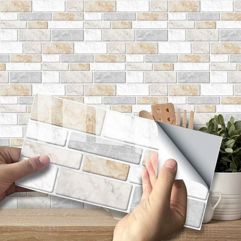 27Pièces Rectangle Adhésive Décorative à Carreaux pour Salle de Bains et Cuisine Stickers Carrelage, Motif Classique Marbre Imperméables 3D Adhésive Décoration (Marbre Jaune Chaud) Lefou (1/5)