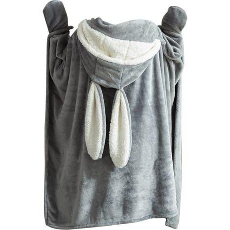 Capuche couverture portable en polaire polyester, oreilles de lapin, couverture jetée douce et chaude pour la maison, gris foncé, taille grande (1/5)