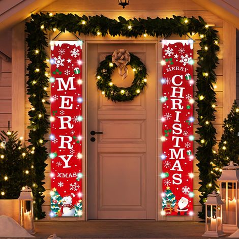 Bannières Joyeux Noël avec guirlandes lumineuses LED, décorations de porte de Noël, panneau de bienvenue rouge pour le Nouvel An, à suspendre au mur de la maison pour la décoration des fêtes de fin d' (1/5)