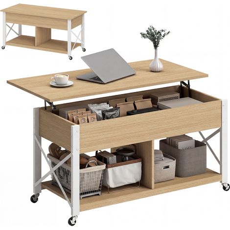 Table basse relevable à roulettes, table de salon avec compartiment caché, étagères ouvertes, bois naturel et blanc (1/5)