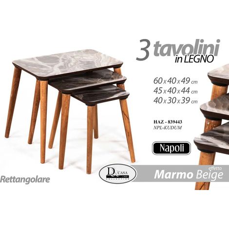 Set de mesas nido Napoli, 60x40x49 cm, 45x40x44 cm, 40x30x39 cm, efecto mármol beige, apilables.