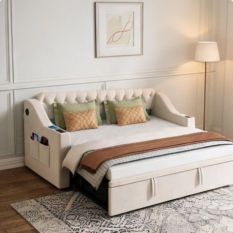 Cadre de lit beige en upholstered 215 x 98,5 x 78,5 cm (1/5)