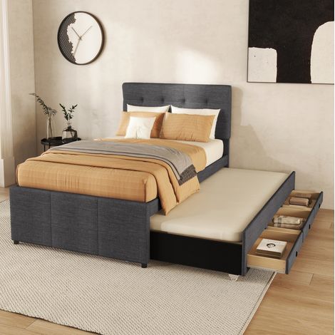 Bett Polsterbett Stauraum ausziehbar 90x200 Grau OKMYHOME (1/5)