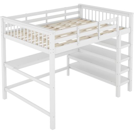 Cama alta infantil 140 x 200 cm con escritorio y estantes blanca HOMVRA (1/5)