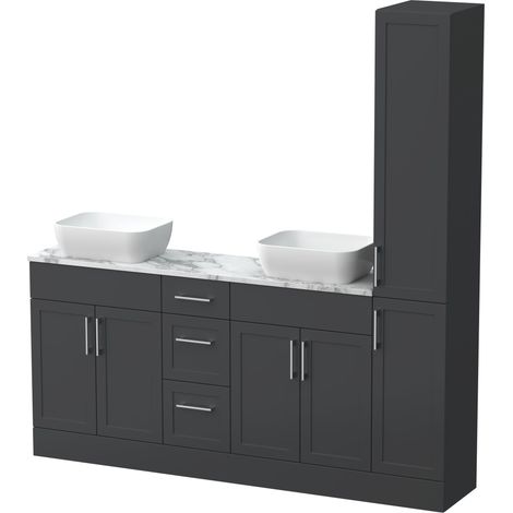 Pirehill Floor Standing 4 Door 3 Drawer Vanity Combination Unit with Tall Unit, Worktop and Countertop Vessel, 1800mm, Dark Grey