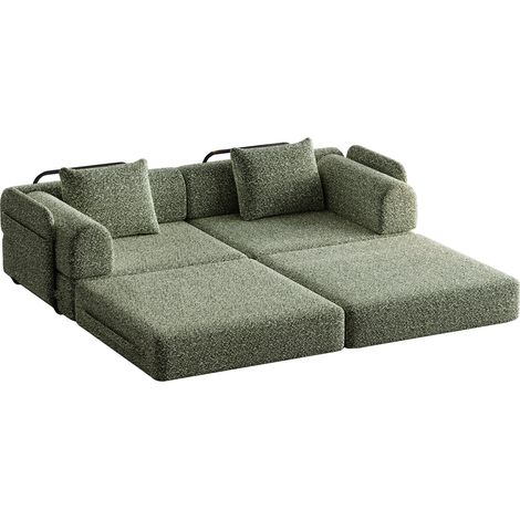 Sofá cama de chenilla 2 en 1 con almacenaje en reposabrazos y estructura metálica, verde (1/5)