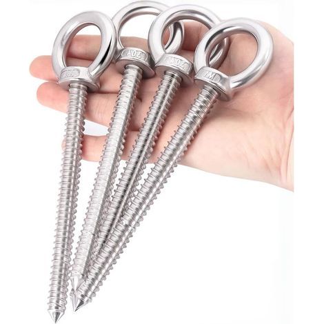 4 Pièces Piton à Visser, Anneau de Levage M10 x 120mm Crochets à œillets Robustes Crochet vis Piton Inox Charge Lourde Avec pas de vis pour Hamacs, Stores, Chaises Suspendues(Argenté) (1/5)