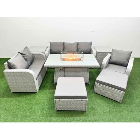 Fimous Patio PE Wicker 8 Seater Outdoor Rattan Furniture Sofa Sets with Firepit Dining Table Reclining Chair Loveseat Sofa 3 Seater Sofa 2 Big Footstools 2 Side Table  Light Grey (1/4)