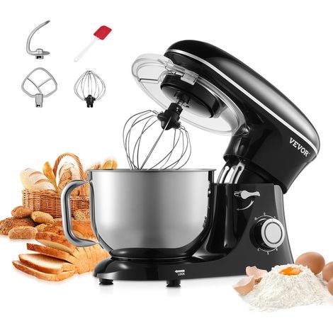Robot pâtissier domestique 1400 W, batteur sur socle 5,68 L, mixeur à pâte avec 6+P vitesses, tête inclinable, avec bol en acier inox, crochet, fouet, batteur plat, grattoir, pour cuisson, noir (1/5)