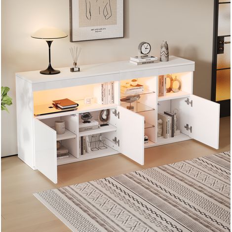 155.53572cm Wohnzimmerschrank, Hochglanzschrank mit LED, Sideboards Mit 3 Schranktüren 3 Glastrennwand, Esszimmerschrank, breite grifflose Schließfächer, Sofa-Beistellschrank, Weiß (1/5)