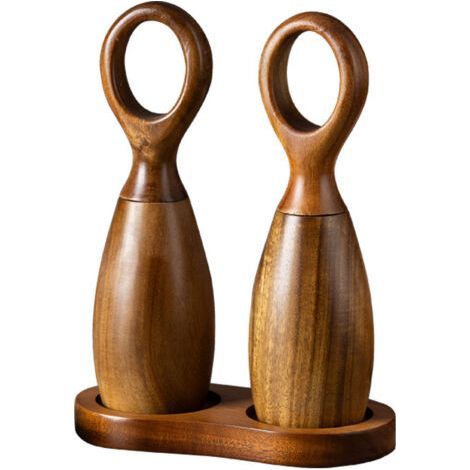 Wooden Salt and Pepper Mill Set, Refillable, Adjustable Grind, with Tray (1/4)