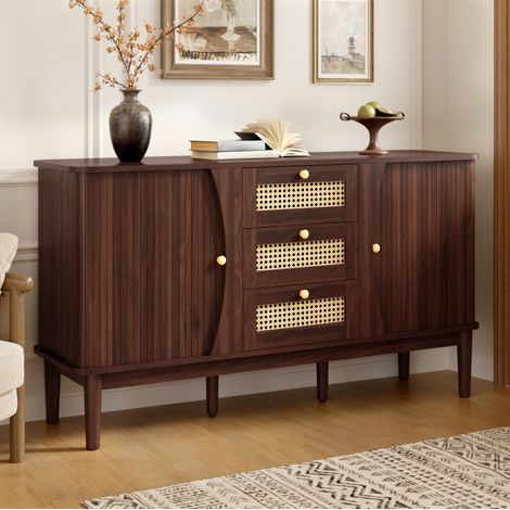 Credenza 141/40/77 cm finitura noce naturale con 3 cassetti in rattan e ante scorrevoli (1/5)