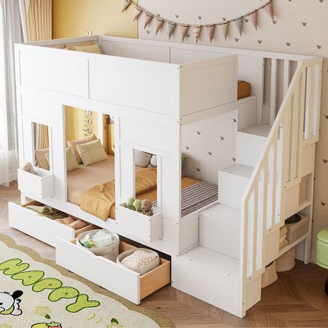Lit superposé  90x200 cm - Lit mezzanine cabane en bois blanc avec escalier de rangement et tiroirs -  Style moderne scandinave
