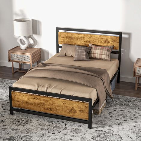 Cadre de lit Queen Size en bois et acier, 147 x 208 x 103 cm, sommier à lattes intégré et tête de lit style industriel, noir et marron rustiques