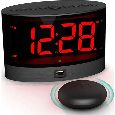 Réveil vibrant sans fil, volume extra-fort pour les personnes malentendantes et les gros dormeurs, double alarme, écran LED à luminosité réglable, interface USB (1/5)