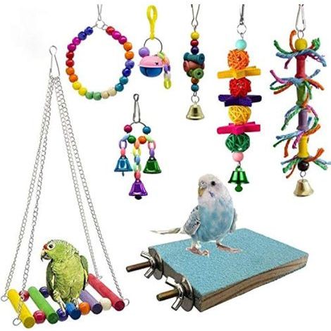Lot de 8 Jouets à Mâcher pour Oiseaux - Balançoire en Bois Naturel et Rotin avec Cloche, Accessoires Cage Perroquet Perruche Calopsitte Conure Aras (1/5)