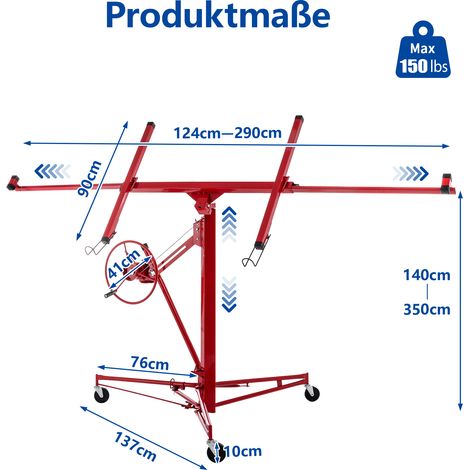 Pince à plaques de plâtre pour pose de plafonds : charge max. 68 kg, hauteur de travail 140-350 cm, inclinaison à 60°, pliable avec 3 roues freinées pour transport facile (1/5)