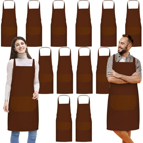 Lot de 12 tabliers de cuisine, unisexe, rouge avec 2 poches, tablier de cuisine pour adultes, pour la cuisine, la peinture, le barbecue, la pâtisserie, lavable en machine, 60 x 71 cm, Marron (1/5)