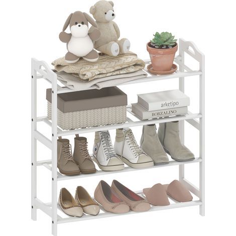 Étagère à chaussures en bambou pour 12 paires de chaussures, idéale pour l'entrée, le couloir ou la chambre. Dimensions : 67,5 x 24,7 x 72 cm, blanche. (1/5)