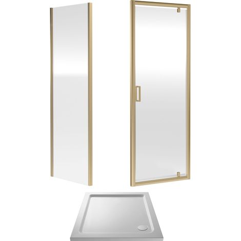 Balterley Square Pivot Shower Suite & 6mm Safety Glass Door, Side Panel & 900 x 900mm Tray in Brushed Brass Frame with White Tray (1/3)