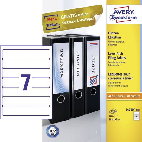Avery-Zweckform L4760-100 Etichetta per raccoglitore da ufficio 38 x 192 mm Carta Bianco 700 pz. A tenuta permanente St (1/5)