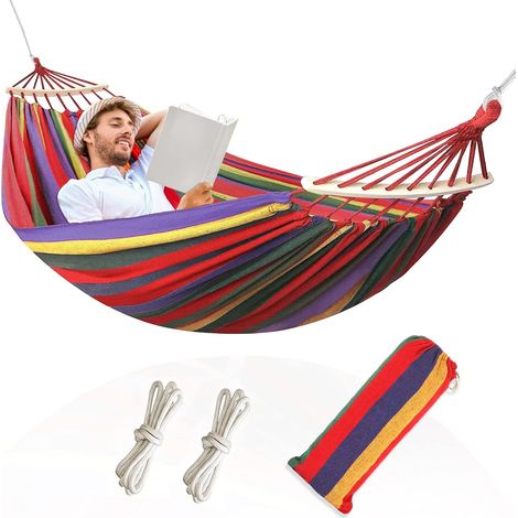 Hamac de camping portable double de 260 x 150 cm avec bâtons en bois et toile épaisse et résistante. Idéal pour le camping, la plage, les voyages et le jardin. Charge maximale : 204 kg (450 lbs).
